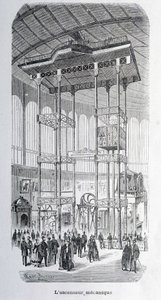 Mechanický výtah inženýra Edouxe na světové výstavě 1867 - grav. od Unknown artist