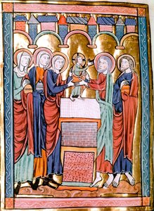 Prezentace v chrámu miniatur převzata z „“ Liber Psalmorum Cum Calendario““ nebo „“ Psaltier à l