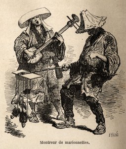 Loutkové divadlo a hudebník, který ho doprovází na pouliční zábavu. Rytina pro ilustraci cesty do Japonska od Aime Humberta, ministra Švýcarské konfederace, v letech 1863-1864, publikovaná v „“ le tour du monde“ pod vedením Eda od Unknown artist