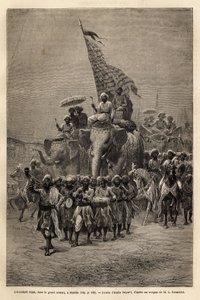 Královský prapor v sowari (vojenském průvodu) v Barodě (nebo Vadodara), státě Gujarat na severovýchodním pobřeží Indie. Rytina k ilustraci plavby Rajahů v Indii od Louise Rousseleta v letech 1864-1868, publikovaná v „“ Le tour du monde od Unknown artist