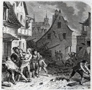 Miska na holení z Lille. Epizoda z obléhání Lille v roce 1792 během francouzských revolučních válek - Le siege de Lille en octobre 1792 - Revolution francaise - Bombardování Rakušany a Prusy - Barber používá půl bomby jako misku na vousy - engr od Unknown artist