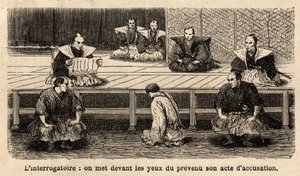 Fáze spravedlnosti: výslech, čtení obžaloby obžalovanému, který stojí před svými soudci, kolena, krk držený provazem, který drží stráž. Rytina pro ilustraci plavby do Japonska v letech 1863-1864 od Aime Humberta, švýcarského ministra od Unknown artist