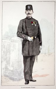 Sub-brigadýr (sub-brigadýr) Poisson. Eau forte en couleurs, pour ilustraci “” Histoire du corps des gardiens de la paix””” kniha vydaná pod záštitou Louis Lepine (1846-1933) prefet de police de la Seine, Alfred Rey (1864-?) a Louis od Unknown artist