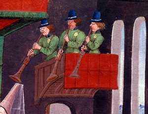 Svatební hostina Clarisse, dcery krále Yvona Gaskoňského a Renauda Detaila zastupujícího hráče na trubku. Miniatura z rukopisu „Renaud de Montauban“ nebo „Les quatre fils Aymon“ od Loyseta Liedeta (aktivní mezi 1448 a 1478). paní 5073. od Unknown artist
