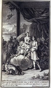 Thetis přináší Achilleovi nové zbraně, které mu vyrobila Vulcan; a tento princ poté, co je přijal, se vzdá svého hněvu proti Agamemnonovi a připravuje se pomstít smrt svého přítele. Ilustrace knihy XIX z Homérovy Iliady, Frenc od Unknown artist