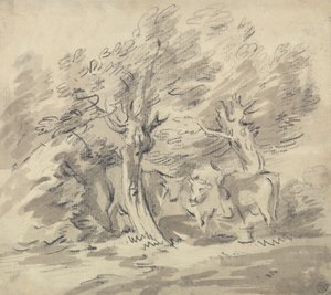 Tři krávy stojící pod skupinou stromů od Unknown artist