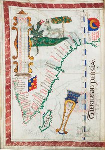 Tierra de Persia", měřítko: cca 1:13 500 000, s vyznačením dalších míst Jižní Indie a Srí Lanky, cca 1550-60 (pergamen) od Unknown artist