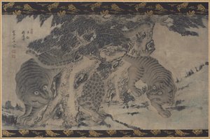 Tygři a leopard dovádějící od Unknown artist