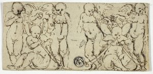 Dvě dekorativní skupiny putti s trubkami a ovocem od Unknown artist