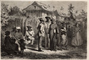 Typy domorodých Cayenne (Francouzská Guyana), ženy oblečené v stromcích (svázané šaty) z madras a oblečené s barevnými turbany, muži přijali západní kostým. Rytina pro ilustraci plavby ve Francouzské Guyaně v letech 1862-1863 od Frederica Bouyera, ca. od Unknown artist