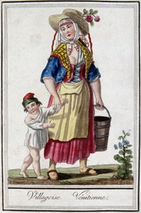 Benátská vesnice se svým synem. 18. století rytina. od Unknown artist