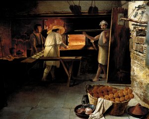 Pohled zevnitř pekárny Pekaři pečou chleba v troubě. Anonymní obraz 18. století. Řím, Museo del Folklore od Unknown artist
