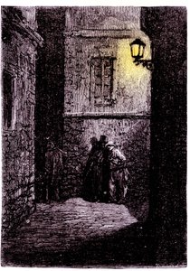 Pohled na temnou uličku v londýnské čtvrti Whitechapel. 18. století Rytina od Unknown artist