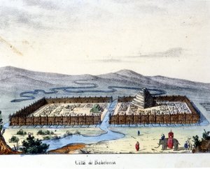 Pohled na starověký Babylon: uprostřed chrám a visuté zahrady. Hořící sd. počátku 19. století. od Unknown artist