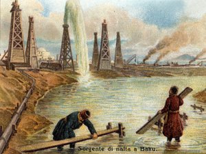 Pohled na ropné vrty v Baku, Ázerbájdžán. chromolitograf asi z roku 1890. od Unknown artist