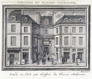 Pohled na vnější fasádu koleje Plessis Sorbonne (Paříž), založenou v roce 1323 Geoffroyem z Plessis Balisson používanou v letech 1848 až 1849 ENA. Rytina zachována v Musee Carnavalet v Paříži. od Unknown artist