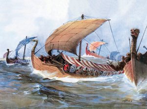 Vikingská loď v tranzitu směrem k Normandii, akvarel od Unknown artist