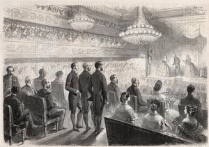 Návštěva Viléma I. Pruského (1797-1888) v Compiegne: gala show v palácovém divadle za přítomnosti Napoleona III. (1808-1873) - Rytina do „“The Illustrous World““ od Unknown artist