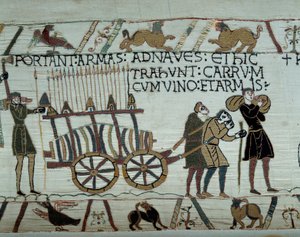Zbraně a víno přinášejí na lodě během tankování pro dobytí Anglie flotily Viléma Dobyvatele (1027-1087) v roce 1066 Detail tapiserie z Bayeux nebo výšivky královny Mathildy od Unknown artist