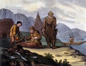 Eskymáci na západním pobřeží Grónska. Litografie z počátku 19. století od Unknown artist