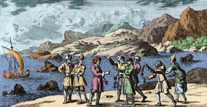 Čarodějnictví a víra: Finové a Sámové vyvolávají bouři kouzlem tří uzlů. Rytina z „Mundi Mirabilis Oeconomia“ od Johanna Zahna (1631-1707) od Unknown artist