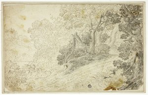 Zalesněná říční krajina s výhledem na hrad od Unknown artist
