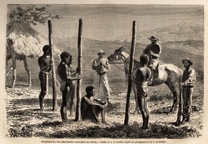Dělníci z Nových Hebrid (nebo od roku 1980 Republiky Vanuatu, melanéského souostroví na severu Nové Kaledonie), staví dům, se kterými se autor setkává při exkurzi na koních. Rytina pour illustrrer le voyage à la Nouvelle Caledonie, od Unknown artist
