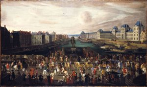 Pont-Neuf při pohledu od vchodu na náměstí Dauphine, Quai Malaquais s rozestavěnou Collège des Quatre-Nations, Velkou galerií a Louvrem, kolem roku 1665. Průchod průvodu po mostě, mezi lety 1665 a 1669 (olej na plátně) od Unknown artist