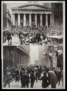 Nahoře: Černé dny na Wall Street; dole: burza v Londýně v době krachu v roce 1929, z filmu "Pesti Naplo". od Unknown photographer