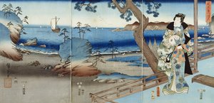 Princ Genji sleduje na pláži Suma (triptych) od Utagawa  Hiroshige and Kunisada