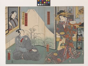 Tamagiku Of The Nakamanjiya, Inaki Shinnoj? A Nakamanjiya Yahei (Looking Through Window) (barevný dřevotisk)