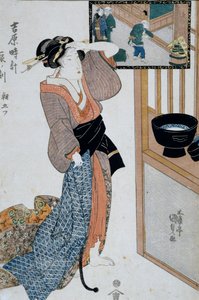 Hodina tygra, sedmá hodina rána, cca 1818, Ukiyo-e umělecký tisk Utagawa Kunisada (1786-1865) z roku Dvanáct hodin v Yoshiwara, Oban-tate-e dřevoryt, 37x24,9 cm, japonská civilizace od Utagawa Kunisada