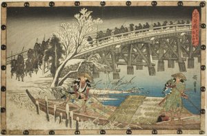 Akt 11, část 1: Přístup k nočnímu útoku (Juichidanme ichi, yochi oshiyose), ze série "Pomsta loajálních zadržovatelů (Chushingura)" od Utagawa Hiroshige