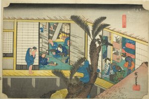 Akasaka: Servírky v hostinci (Akasaka, ryosha shofu no zu), ze série „Padesát tři zastávek Tokaida (Tokaido gojusan tsugi no uchi), známé také jako Hoeido Tokaido od Utagawa Hiroshige