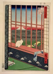 Rýžová pole Asakusa během festivalu kohouta, kolem roku 1857 (barevný dřevotisk)