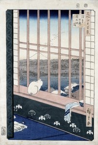 Rýžová pole Asakusa během svátku kohouta ze série "Meisho Edo Hyakkei" (Sto pohledů na Edo) 1861 (barevný dřevoryt)