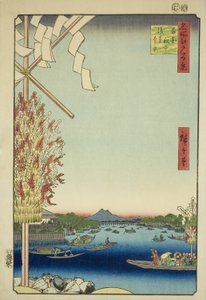 Řeka Asakusa, Gleat River Edition, Miya and River (řeka Asakusa Okawabata Miyato River), ze série „Ridge“ Sto pohledů na Edo)“ od Utagawa Hiroshige