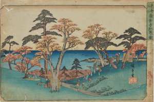 „Podzimní listí u chrámu Kaianji“ ze série „Slavná místa ve východním hlavním městě“ od Utagawa Hiroshige