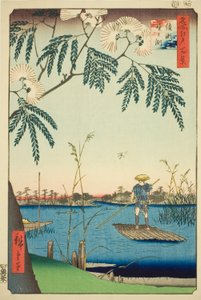 Reverend Ayase Plan d Kanegafuchi (Ayase River Kanegafuchi), ze série ``Hřeben pro hřebeny d Fanet s Pohledy na Edo (Sto slavných pohledů na Edo)