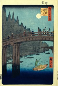 Bamboo Quay u mostu Kyobashi. Sto slavných pohledů na Edo, c. 1858 od Utagawa Hiroshige