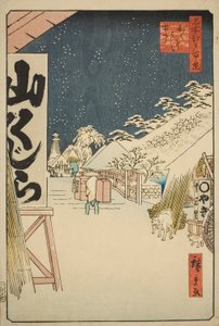Bikuni Bridge in Snow (Bikunibashi setchu), ze série „Sto slavných pohledů na Edo (Meisho Edo hyakkei)“ od Utagawa Hiroshige