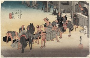 Výměna nosičů a koní, Fujieda, c. 1833