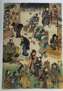 Postavy z divadelních her v rolích obchodníků a zákazníků, ze série „Prosperující čtvrť Jōruri“ od Utagawa Hiroshige