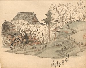 Prohlídka třešňových květů u chrámu na hoře Suribachi podle ilustrace z 5. svazku knihy „Ehon Edo miyage“ (Obrazová kniha suvenýrů z Eda) od Utagawa Hiroshige