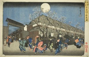 Třešňové květy v noci na Nakanocho v Yoshiwara (Yoshiwara Nakanocho yozakura), ze série "Slavná místa ve východním hlavním městě (Toto meisho)" od Utagawa Hiroshige