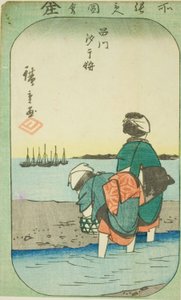 Kopání škeblí při odlivu v Shinagawa (Shinagawa shiohigari), část listu ze série "Vystřižené obrázky slavných míst v Edo (Edo meisho harimaze zue)" od Utagawa Hiroshige