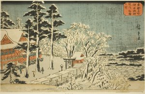 Jasné počasí po sněžení v okrscích svatyně Kanda Myojin (Kanda Myojin keidai yukibare no zu), ze série „Slavná místa ve východním hlavním městě (Toto meisho)“ od Utagawa Hiroshige
