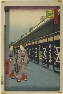 Bavlněná ulička, Odenma-cho (Odenma-cho momendana), ze série "Sto slavných pohledů na Edo (Meisho Edo hyakkei)" od Utagawa Hiroshige