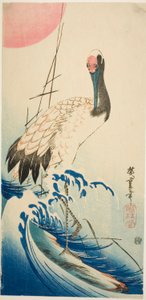 Jeřáb, vlny a vycházející slunce od Utagawa Hiroshige