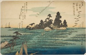 Sestupné husy u Hanedy (Haneda no rakugan), ze série „Osm pohledů v okolí Edo (Edo kinko hakkei no uchi)“ od Utagawa Hiroshige